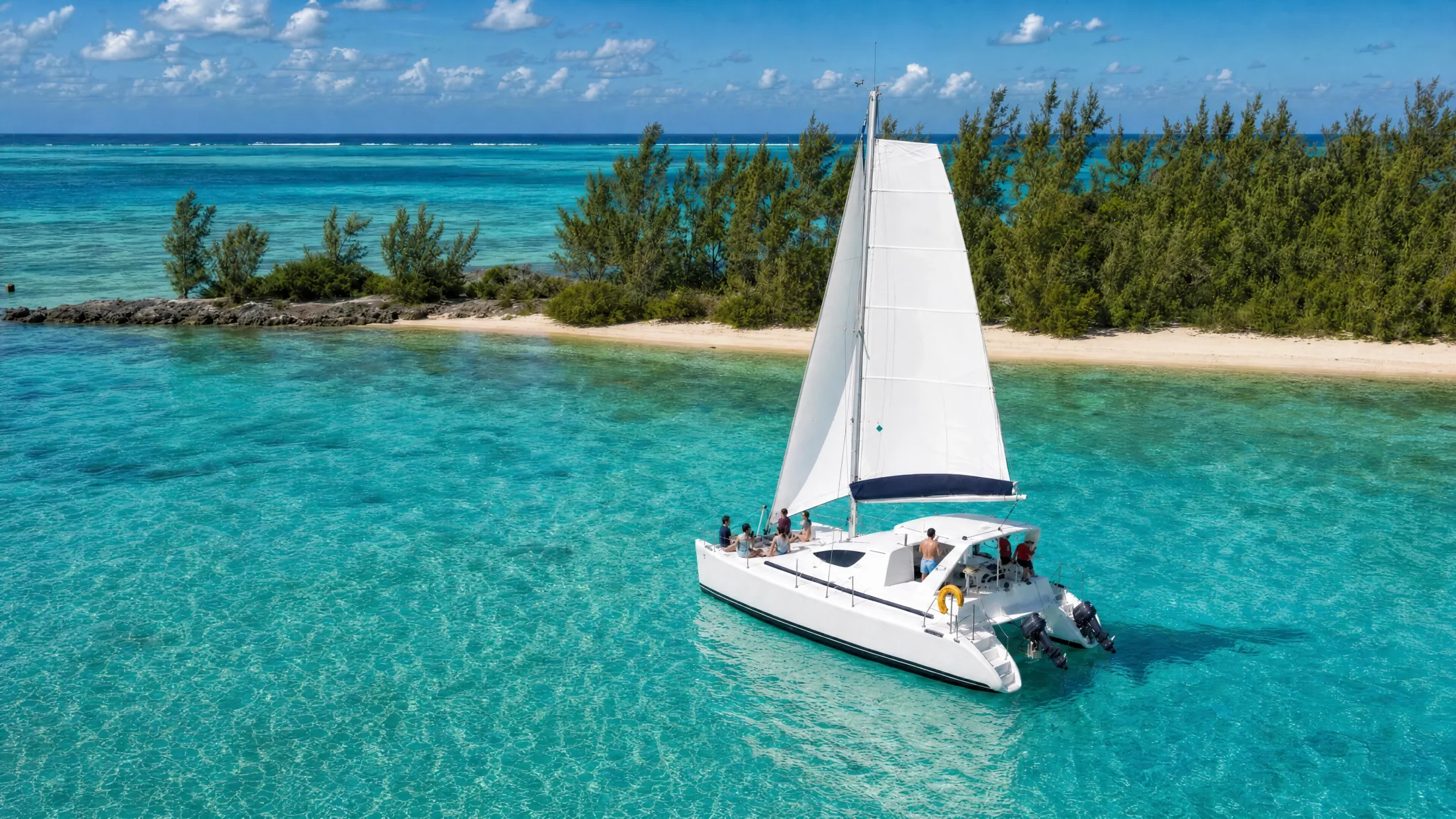 A catamaran beside a sandy island shore on the east coast of Mauritius